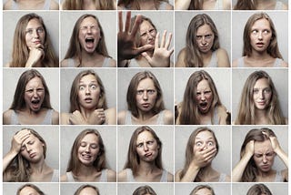 An image which shows multiple photos of a fair-skinned, brown-haired woman making different faces to depict different emotions.