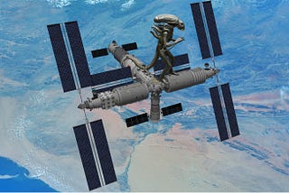 an alien xenomorph walks on top of a space station