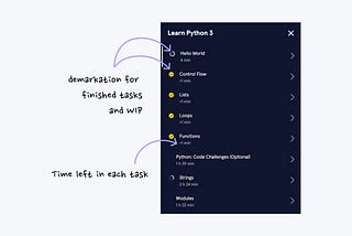 Dark-themed course navigation menu titled “Learn Python 3” displaying various chapters with completion status and time estimates.