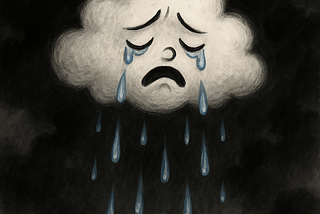 A little white cloud crying, with dark storm clouds all around