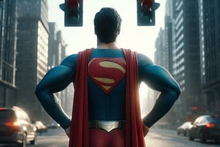 Superman waiting for a red light.