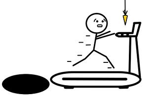 Person running on a treadmill with a golden carrot dangling in the front and a black abyss in the back.