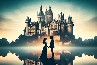 A romantic couple stand by a lake with an ancient castle in the background
