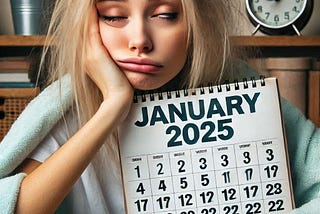 A sleepy woman holds a January 2025 calendar.