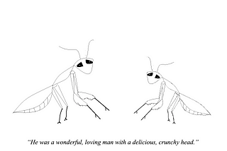 A Young Praying Mantis Asks about his Father (cartoon)