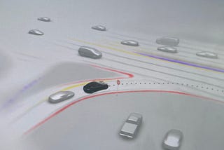 A look into the ‘mind of car’ UI showing a car taking a right turn.