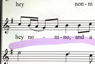 The image shows a segment of sheet music with lyrics that include “hey non-ni” and “hey no-ni-no, and a.”
