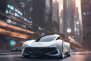Visualization of an AI-powered car with a futuristic design, automated features, set against the backdrop of a high-tech smart city environment. Created by Synthia powered by Stable Diffusion