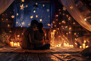 A couple sits on the floor in an attic, surrounded by candles and twinkling stars, creating a romantic atmosphere for Valentine’s Day. The room is decorated with soft curtains, adding to its enchanting ambiance. A man tenderly holds his wife while they gaze at each other under the starry night sky, their love radiating through every detail of this magical moment.