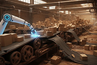 A factory interior with a badly broken conveyor belt system. The belt is torn and sagging, with cardboard boxes scattered and piled up across the floor and machinery. Rusty gears and leaking pipes surround the scene. In the centre, a sleek white robotic arm with a glowing blue light works carefully on one small section of the belt, oblivious to the chaos around it.