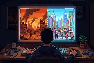 A developer sitting at his computer with his back to the viewer. On the left half of his screen we see a post-apocalyptic world in flames, on the right half we see a vibrant city street with everyone being nice to each other.