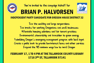 Join me for my first campaign event: Saturday, Feb. 17 at the Tillamook County Library