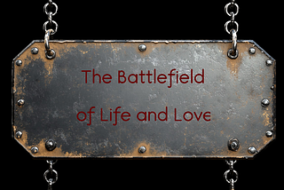 Metal sign reading ‘The Battlefield of Life and Love.”