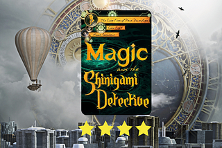 Book cover, Magic and the Shinigami Detective, with a fantasy world background