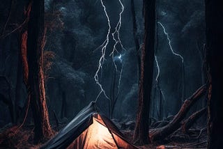 night, camp, tent, lightning, storm
