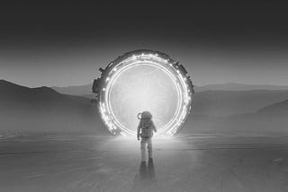 Astronaut standing in front of portal
