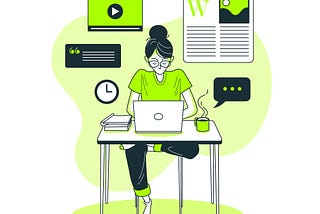 Illustration of a woman siting at a desk and working on a laptop.