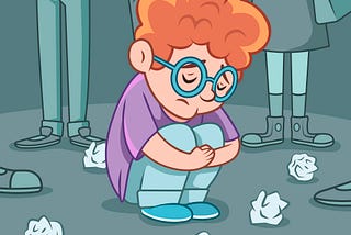 An animated image of a child looking sad as he crouches down with many rolls of discarded tissue around him like he’d been crying and using them.