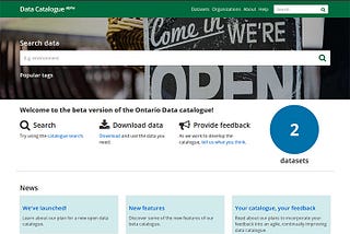 A screenshot of the data catalogue in beta — a layout with a search bar, calls to action, and a news section.