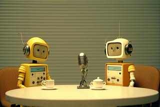 two robots interviewing each other over coffee