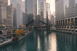 Chicago skyline and Riverwalk with raised bridge