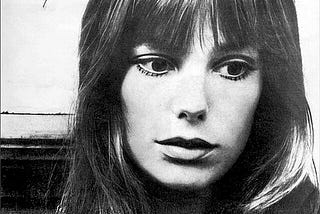 Black and white close up of Jane Birkin’s face.