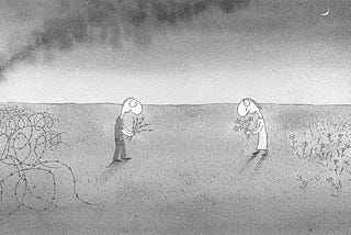 A man with handful of barbed-wire and a woman weeping with a bunch flowers approach each other by cartoonist Michael Leunig