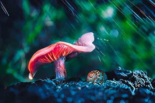 Snail under a mushroom.