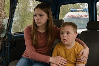 A girls sits with her brother as they wait for the ambulance.