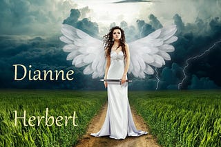 An attractive female angel, holding a small sword, is standing with wings unfurled on a path through a field. In the background a major storm — with lightning — is closing in.