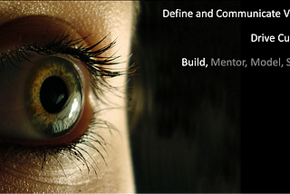 Picture of an eye looking at the first 3 Priorities: Define & Communicate Vision; Drive Culture; Build, Mentor, Model, Serve