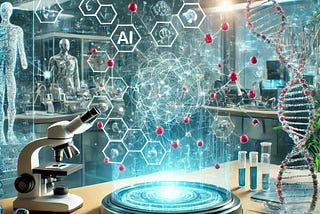 Futuristic lab environment with AI and data streams interacting with biological elements like molecules and DNA, symbolizing innovation and progress in the pharma industry.