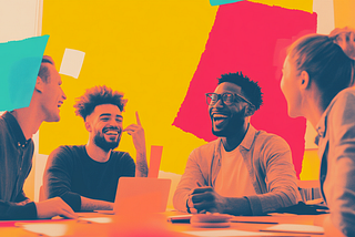 Team of UX designers laughing having the most fun possible while brainstorming as a group , modern collage