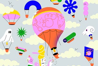A digital cartoon illustration of a Regency-era man and woman (she with a tall hairstyle, jeweled choker, low cut gown; he with a curled wig, crown, ruffled collar and cuffs) looking up at twelve colorful hot air balloons of various shapes (ghost, asterisk, arch, duck head, sheep head, cube, stacked balls, tube, balloon) and sizes in a pale grey-blue sky. They applaud as the balloons float by.