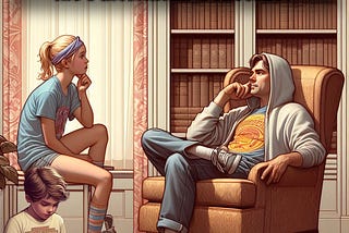 Illustration of a father sitting in an armchair having a conversation with his teenaged daughter as a ten or twelve year old son sits on the floor and plays with a handheld gaming device.