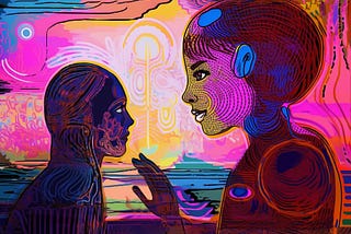 An AI-generated psychedelic image of a woman talking to a robot, asking for assurance about her fear of being replaced. The robot is reassuring her.