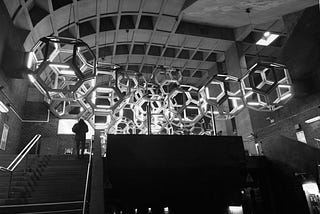 A metro station in Montreal, Canada, with a futuristic art installation (Namur Metro Station).