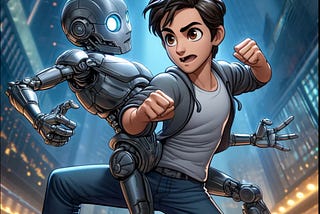 A young man fighting with a robot