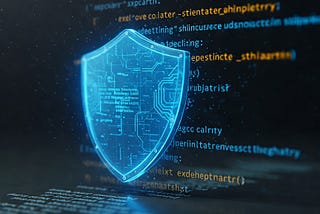 A shield in front of source code representing fixing code vulnerabilities