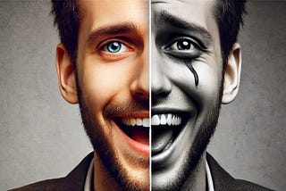 A face split between joy and stress, revealing the hidden struggle behind the myth of constant happiness.