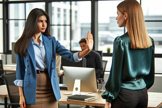 Girl says “talk to the hand” to an office colleague