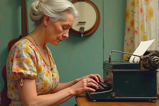 This image shows a woman in a floral dress, heartbroken and seated at a typewriter with a banjo on the wall. The artwork evokes folk art with expressive brushstrokes and nostalgic storytelling