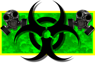 Biohazard Toxic Symbol with a bright green background and some gas masks on each side.