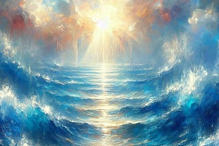An impressionistic image of bright sunlight entering blue waters.