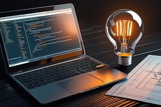 An AI created image of an open laptop, a lit lightbulb and a blueprint