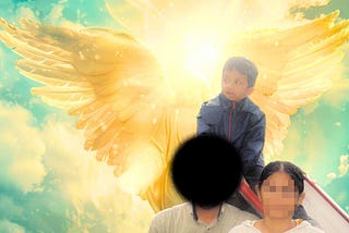 Childhood photo of the author sitting atop his parents as a shining golden guardian angel shines upon him