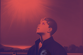 An AI Generated image showing boy looking at sky, just like Arian in the story. There is an complete pink tint on the image and eyes are sparkling with shade of pink. Boy looks all calm while holding such a power.