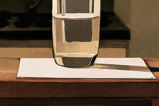 A painting of a glass of water on a kitchen countertop.