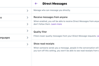 Settings area on Twitter for Direct Messages