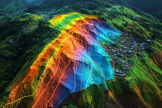 Satellite SAR image of a mountainous region in Papua New Guinea, overlaid with a user interface showing landslide movement data. The display includes displacement vectors, timeline graphs, and highlighted zones indicating active ground movement.